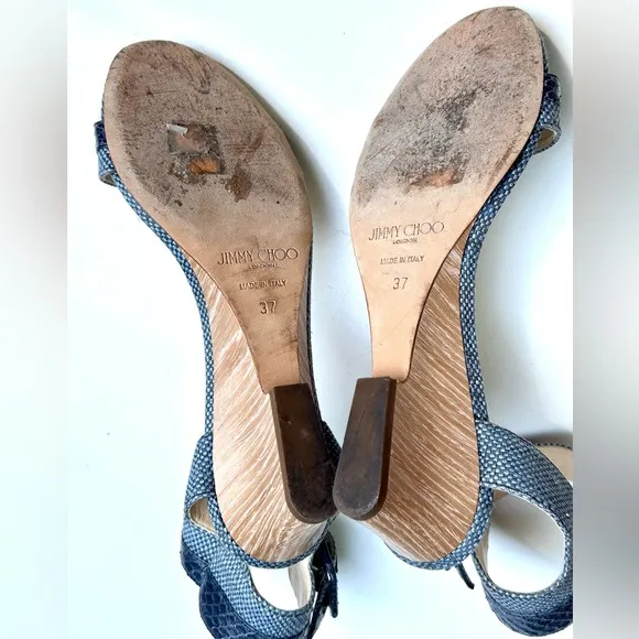 EUC JIMMY CHOO Mansy Snakeskin Raffia Ankle Wrap Wedge Sandal in Navy - 37, US 7