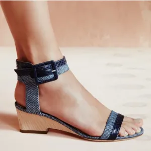 EUC JIMMY CHOO Mansy Snakeskin Raffia Ankle Wrap Wedge Sandal in Navy - 37, US 7