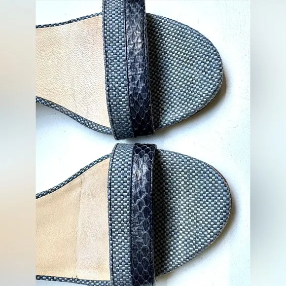 EUC JIMMY CHOO Mansy Snakeskin Raffia Ankle Wrap Wedge Sandal in Navy - 37, US 7
