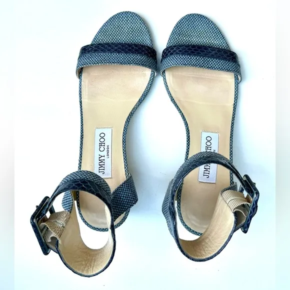 EUC JIMMY CHOO Mansy Snakeskin Raffia Ankle Wrap Wedge Sandal in Navy - 37, US 7