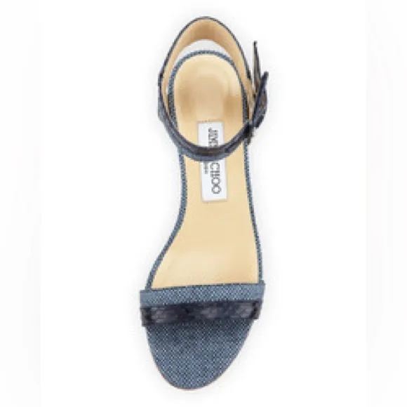 EUC JIMMY CHOO Mansy Snakeskin Raffia Ankle Wrap Wedge Sandal in Navy - 37, US 7