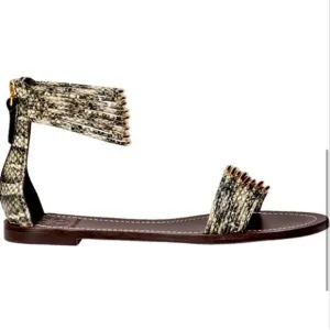EUC Tory Burch Flats Shoes Sandals Size 7 Mignon Rings Leather Brown Snake Print