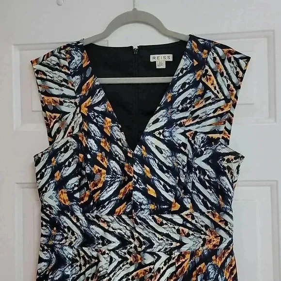 Excellent Reiss - Blue &amp; Tan Printed Flared Dress