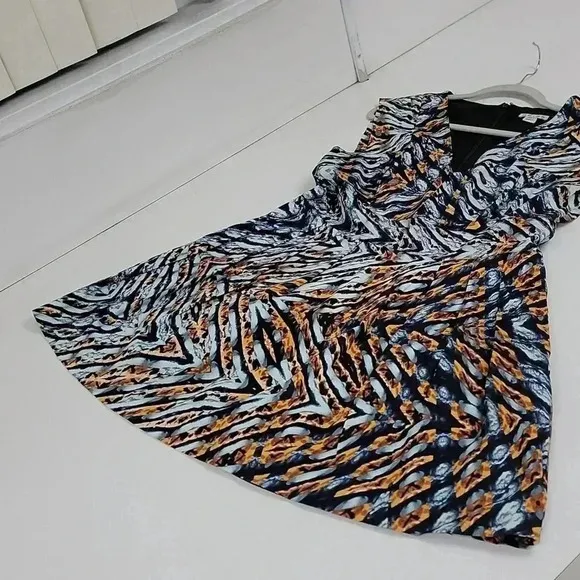 Excellent Reiss - Blue &amp; Tan Printed Flared Dress