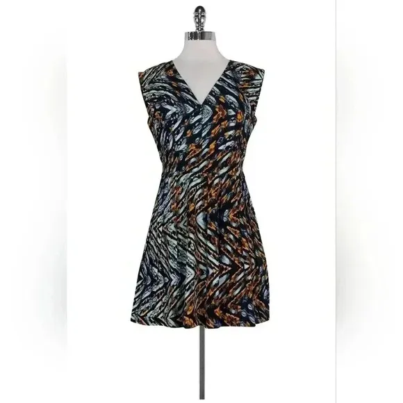 Excellent Reiss - Blue &amp; Tan Printed Flared Dress