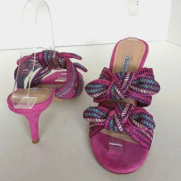 Excellent Used Pair of Charles David Corona Suede &amp; Textured Knotted Strap Mules