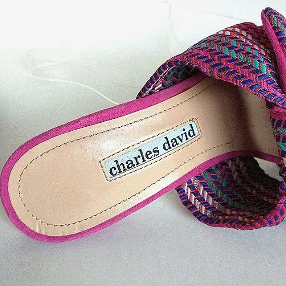 Excellent Used Pair of Charles David Corona Suede &amp; Textured Knotted Strap Mules