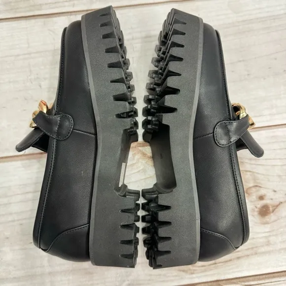exe Black Genuine Leather Chunky Sole Platform Loafers w Gold Chain Detail NEW
