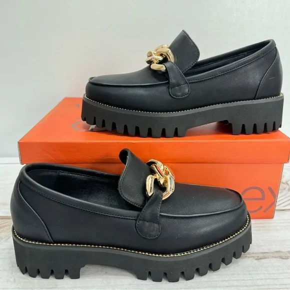 exe Black Genuine Leather Chunky Sole Platform Loafers w Gold Chain Detail NEW