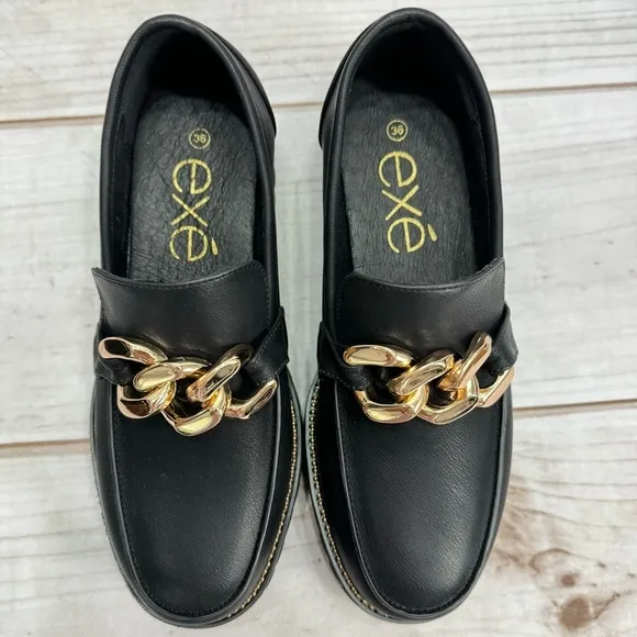 exe Black Genuine Leather Chunky Sole Platform Loafers w Gold Chain Detail NEW