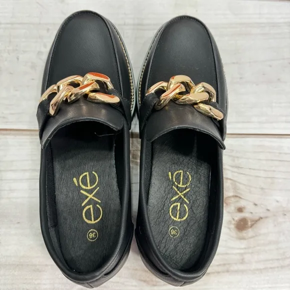 exe Black Genuine Leather Chunky Sole Platform Loafers w Gold Chain Detail NEW