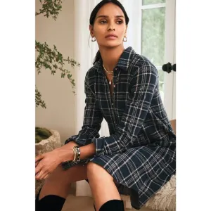 Faherty Legend Plaid Sweater Dress M Knee Length Button Front Black Classic