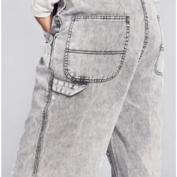 Faherty Overalls Womens L Mechanic Bib Storm Cloud Grey Denim Carpenter Cargo