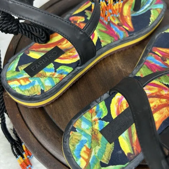 FARM RIO Black Banana Beaded Pietra Sandals Tropical Size 8