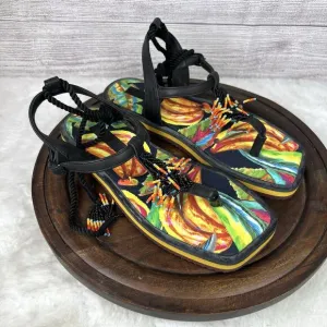 FARM RIO Black Banana Beaded Pietra Sandals Tropical Size 8
