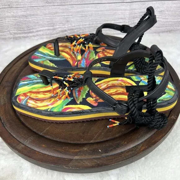 FARM RIO Black Banana Beaded Pietra Sandals Tropical Size 8