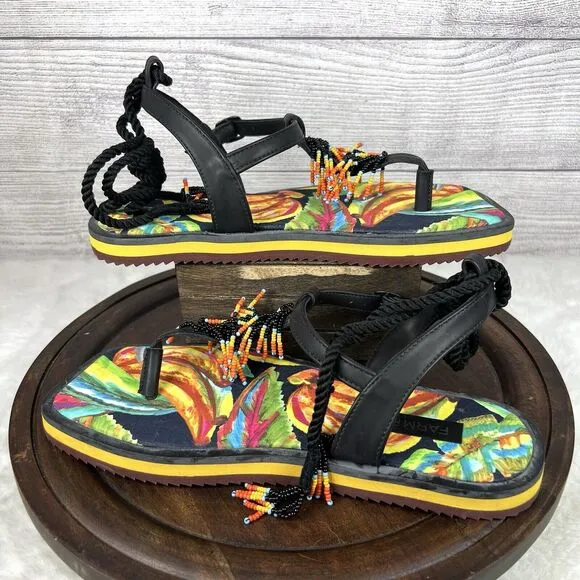 FARM RIO Black Banana Beaded Pietra Sandals Tropical Size 8