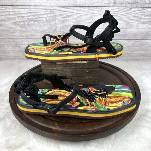FARM RIO Black Banana Beaded Pietra Sandals Tropical Size 8