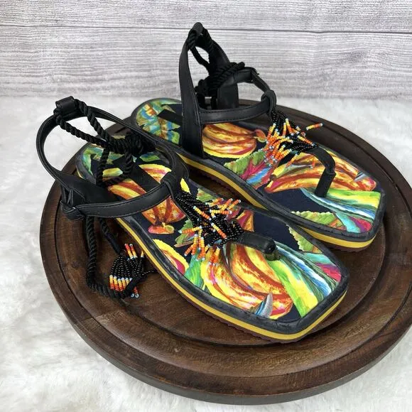FARM RIO Black Banana Beaded Pietra Sandals Tropical Size 8