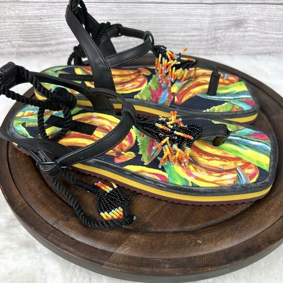 FARM RIO Black Banana Beaded Pietra Sandals Tropical Size 8