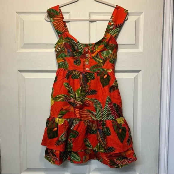 Farm Rio Dress Tropical Toucan Parrot Jungle Linen Sleeveless Red Green Leaf NWT