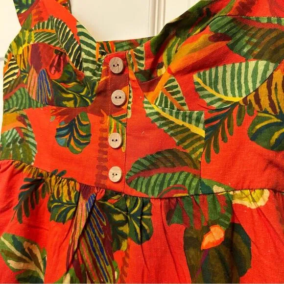 Farm Rio Dress Tropical Toucan Parrot Jungle Linen Sleeveless Red Green Leaf NWT