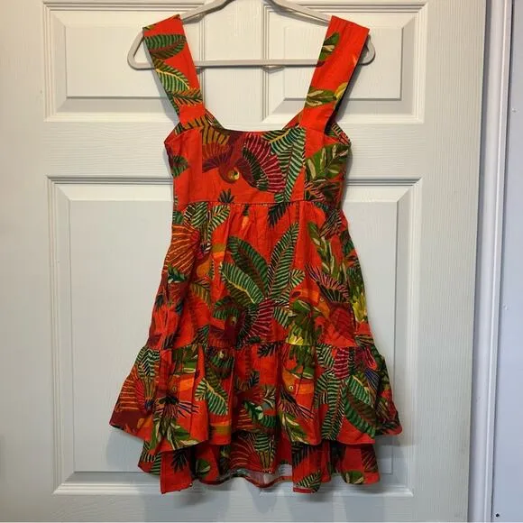 Farm Rio Dress Tropical Toucan Parrot Jungle Linen Sleeveless Red Green Leaf NWT