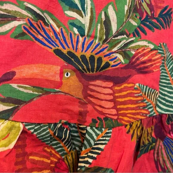 Farm Rio Dress Tropical Toucan Parrot Jungle Linen Sleeveless Red Green Leaf NWT
