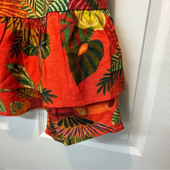 Farm Rio Dress Tropical Toucan Parrot Jungle Linen Sleeveless Red Green Leaf NWT