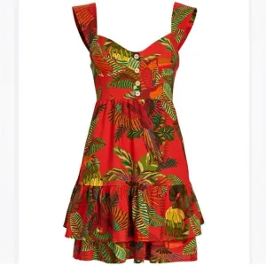 Farm Rio Dress Tropical Toucan Parrot Jungle Linen Sleeveless Red Green Leaf NWT