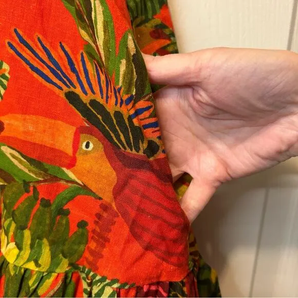 Farm Rio Dress Tropical Toucan Parrot Jungle Linen Sleeveless Red Green Leaf NWT