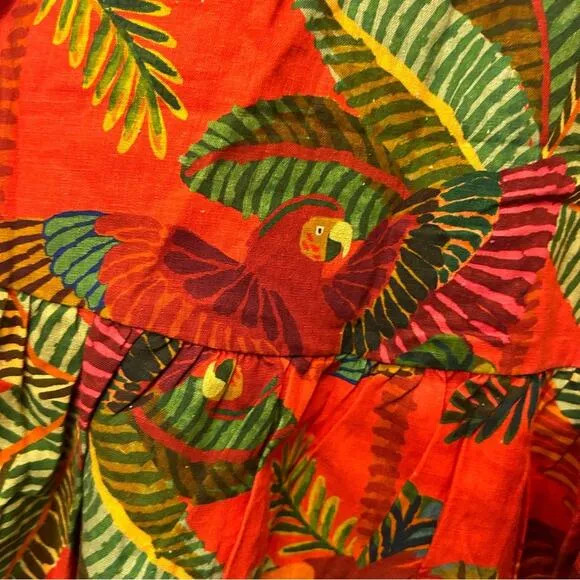 Farm Rio Dress Tropical Toucan Parrot Jungle Linen Sleeveless Red Green Leaf NWT