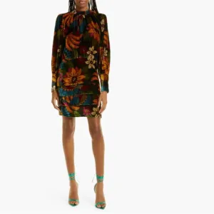 FARM Rio Macaw Ballet Velvet Mini Dress S Long Sleeve Party Floral High Neck
