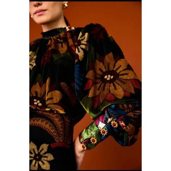 FARM Rio Macaw Ballet Velvet Mini Dress S Long Sleeve Party Floral High Neck