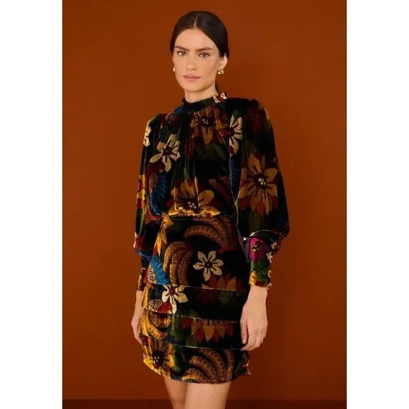 FARM Rio Macaw Ballet Velvet Mini Dress S Long Sleeve Party Floral High Neck