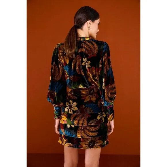FARM Rio Macaw Ballet Velvet Mini Dress S Long Sleeve Party Floral High Neck