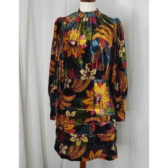 FARM Rio Macaw Ballet Velvet Mini Dress S Long Sleeve Party Floral High Neck