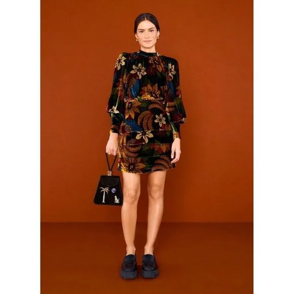 FARM Rio Macaw Ballet Velvet Mini Dress S Long Sleeve Party Floral High Neck