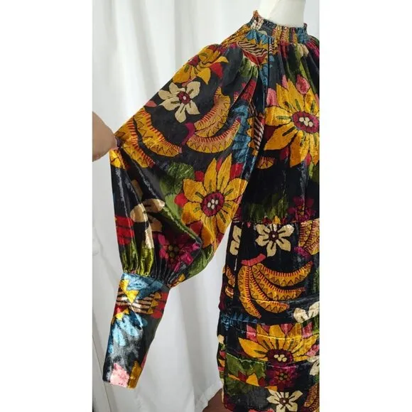FARM Rio Macaw Ballet Velvet Mini Dress S Long Sleeve Party Floral High Neck