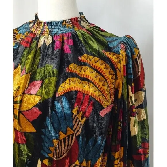 FARM Rio Macaw Ballet Velvet Mini Dress S Long Sleeve Party Floral High Neck