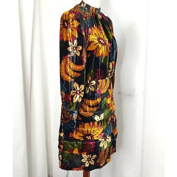 FARM Rio Macaw Ballet Velvet Mini Dress S Long Sleeve Party Floral High Neck