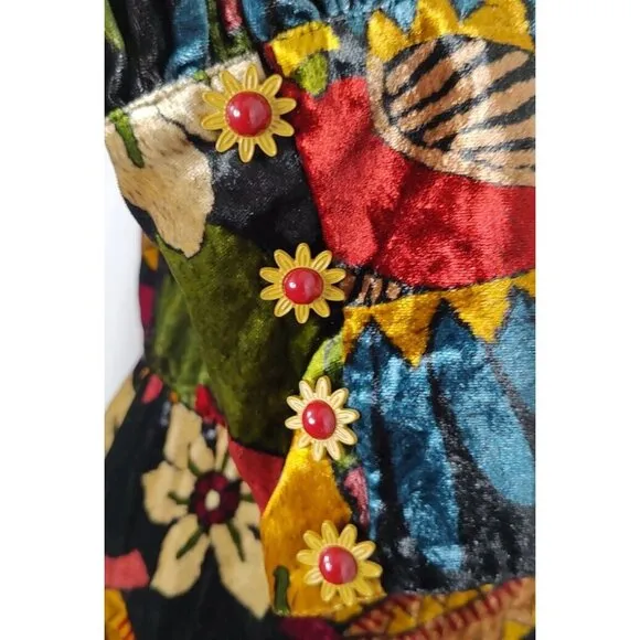 FARM Rio Macaw Ballet Velvet Mini Dress S Long Sleeve Party Floral High Neck