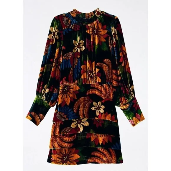 FARM Rio Macaw Ballet Velvet Mini Dress S Long Sleeve Party Floral High Neck