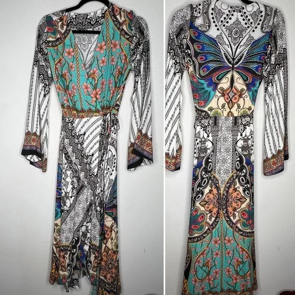 Farm Rio Multicolor Midi Wrap Dress, size XS