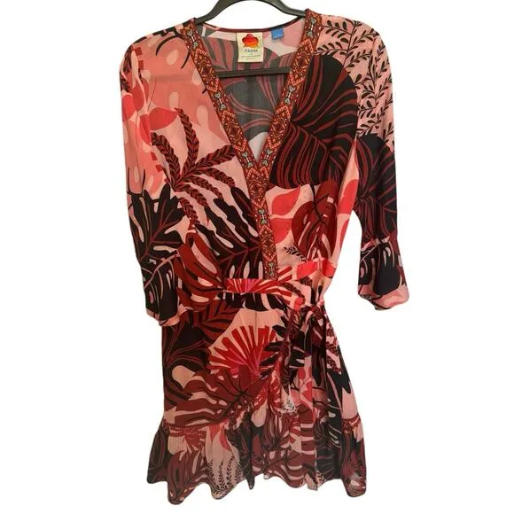 Farm Rio NWOT Bruxelles Dress Ruffles Wrapped Mini Orange Brown Size Medium