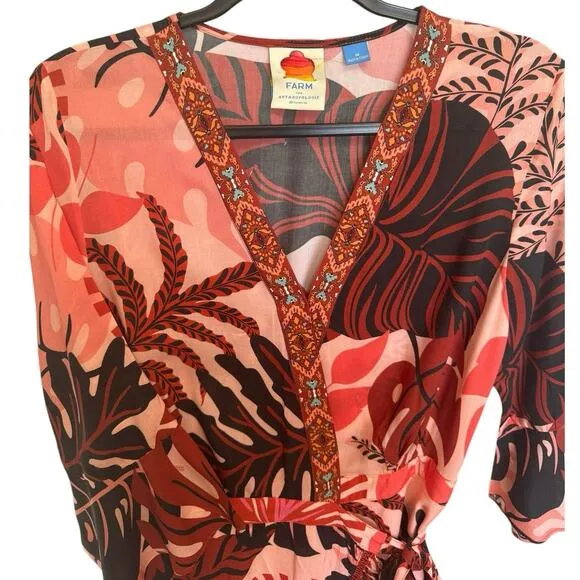 Farm Rio NWOT Bruxelles Dress Ruffles Wrapped Mini Orange Brown Size Medium