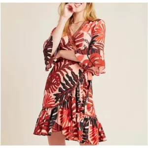 Farm Rio NWOT Bruxelles Dress Ruffles Wrapped Mini Orange Brown Size Medium