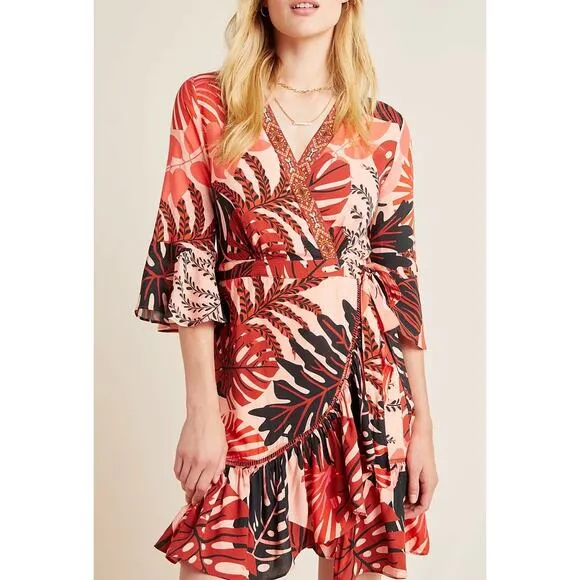 Farm Rio NWOT Bruxelles Dress Ruffles Wrapped Mini Orange Brown Size Medium