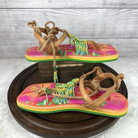 FARM RIO Tan Banana Beaded Pietra Sandals Tropical Size 8
