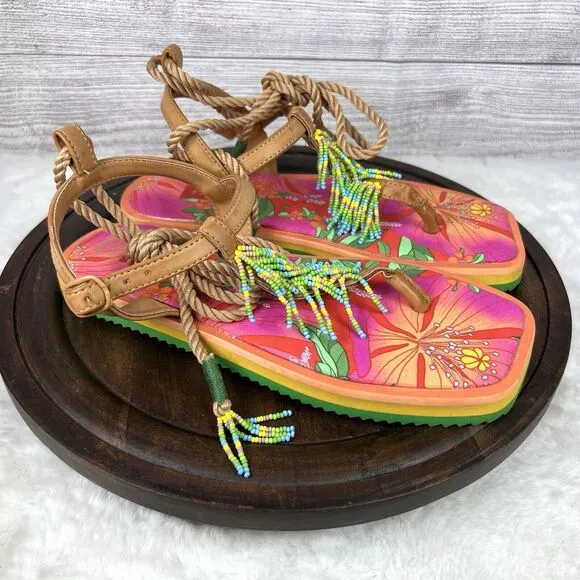 FARM RIO Tan Banana Beaded Pietra Sandals Tropical Size 8